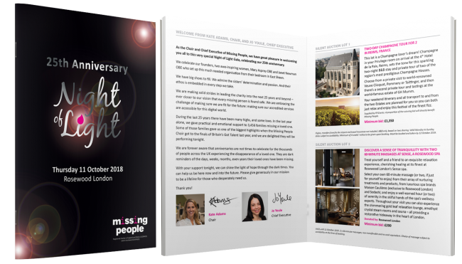Missing People charity auction brochure design